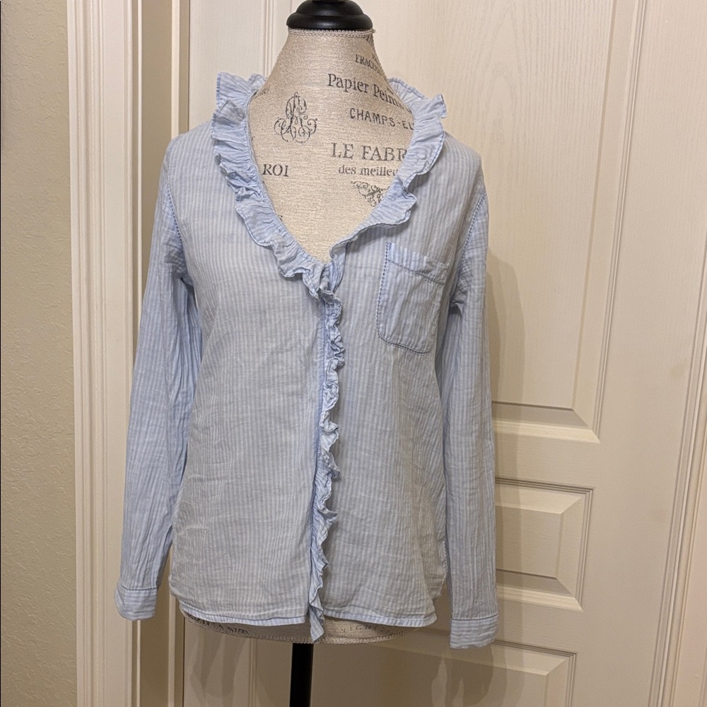 SEZANE Light Blue Striped Ruffled Women's Top